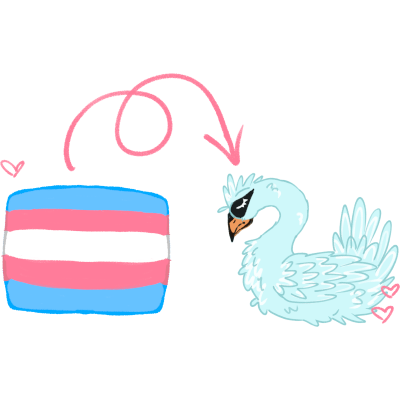 on the left is a transgender flag with the classic blue, pink and white stripes, on the right is a blueish-white swan, there is a curly pink arrow pointing from the flag to the swan, and hearts around them both in the same colour